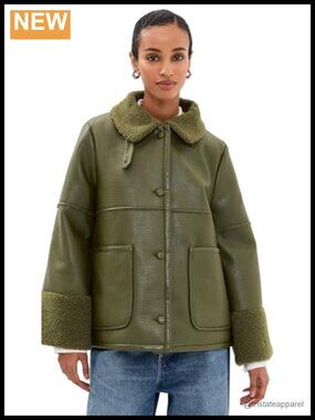 Women's Faux Leather Casual Jacket with Sherpa Trim